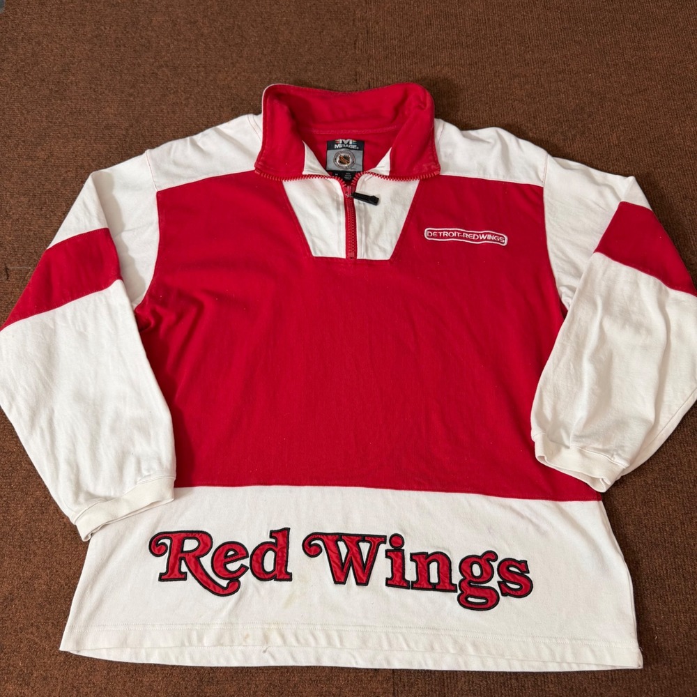 Vintage Mirage Detroit Red Wings NHL Quarter Zip Pullover Red White Mens Medium